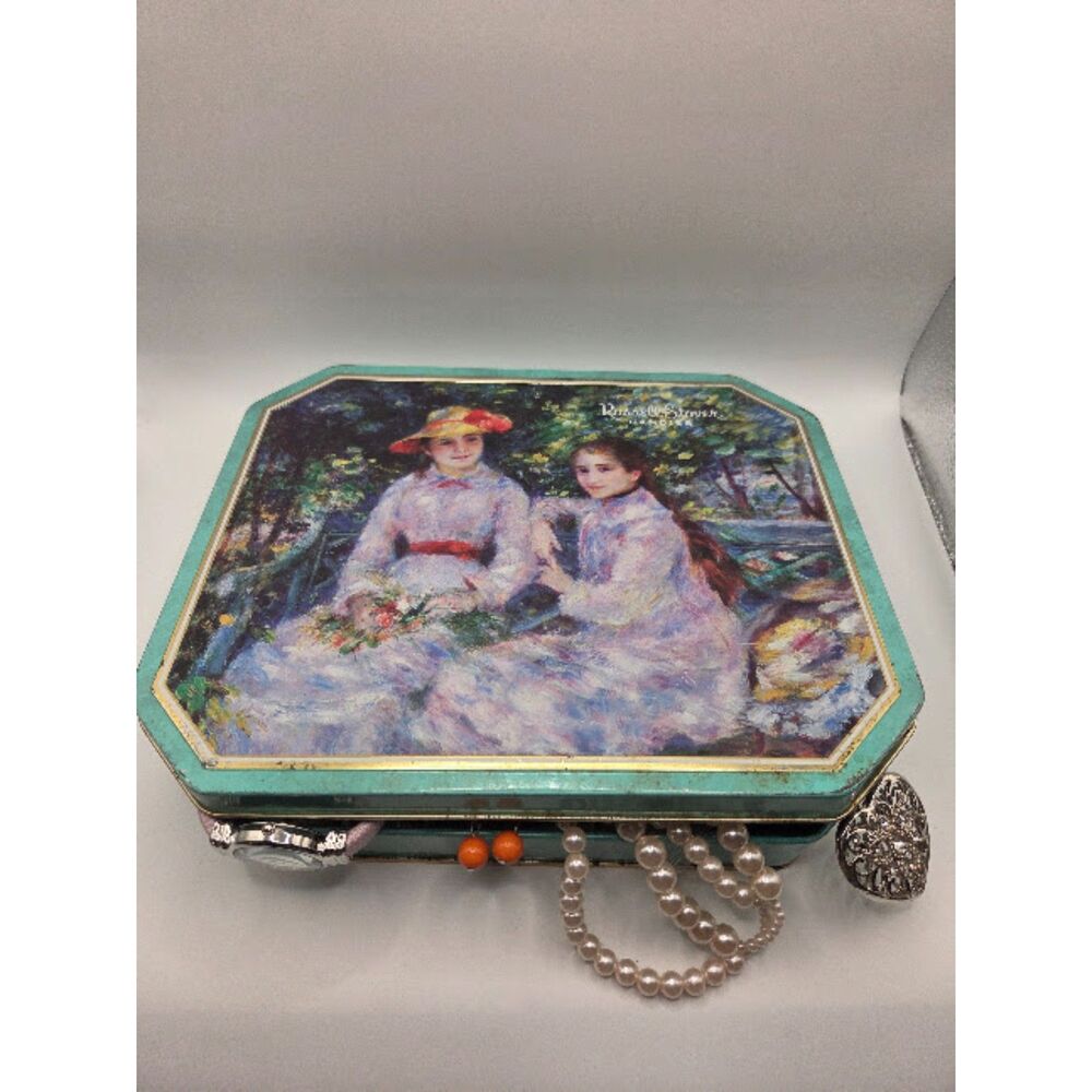 J21. Vintage Russell Stover Renoir Candy Tin with 2.25 lbs Mixed Costume Jewelry